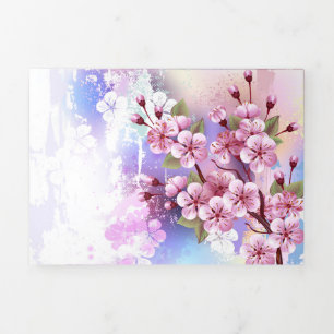 Cartão De Festividades Com Dobra Tripla Sakura rosa no fundo da pintura