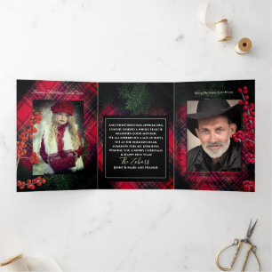 Cartão De Festividades Com Dobra Tripla Script Branco Personalizado Vermelho Xadrez Tartan