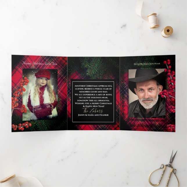 Cartão De Festividades Com Dobra Tripla Script Branco Personalizado Vermelho Xadrez Tartan (Dentro)