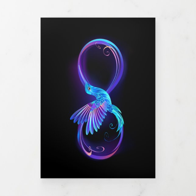 Cartão De Festividades Com Dobra Tripla Símbolo Neon Infinity com Hummingbird brilhante (Cobrir)