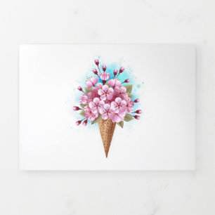 Cartão De Festividades Com Dobra Tripla Sorvete Waffle Rosa Sakura Cone