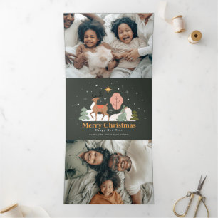 Cartão De Festividades Com Dobra Tripla Véspera de Natal Tranquila com Rena e Coelho