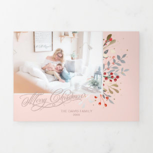 Cartão De Festividades Com Dobra Tripla Watercolor Winter Floral on Blush Pink Photo
