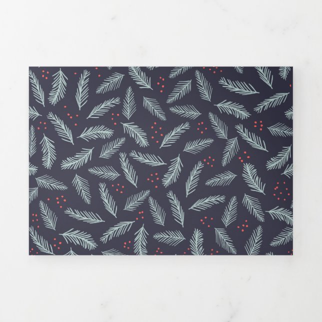 Cartão De Festividades Com Dobra Tripla White Pine Boughes Feather Holly Berries Natal (Cobrir)