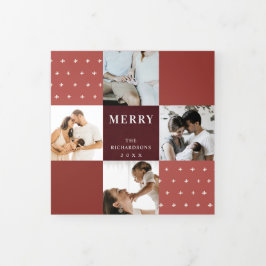 Cartão De Festividades Com Dobra Tripla Xadrez Marrom Vermelho 7 Foto Cruz Feliz Natal
