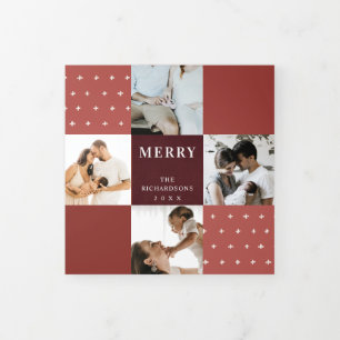 Cartão De Festividades Com Dobra Tripla Xadrez Marrom Vermelho 7 Foto Cruz Feliz Natal