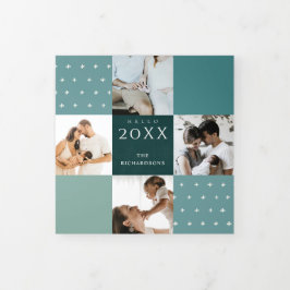 Cartão De Festividades Com Dobra Tripla Xadrez Verde Azul Teal 7 Foto Alô 2022 Ano Novo