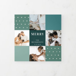 Cartão De Festividades Com Dobra Tripla Xadrez Verde Azul Teal 7 Foto Feliz Natal