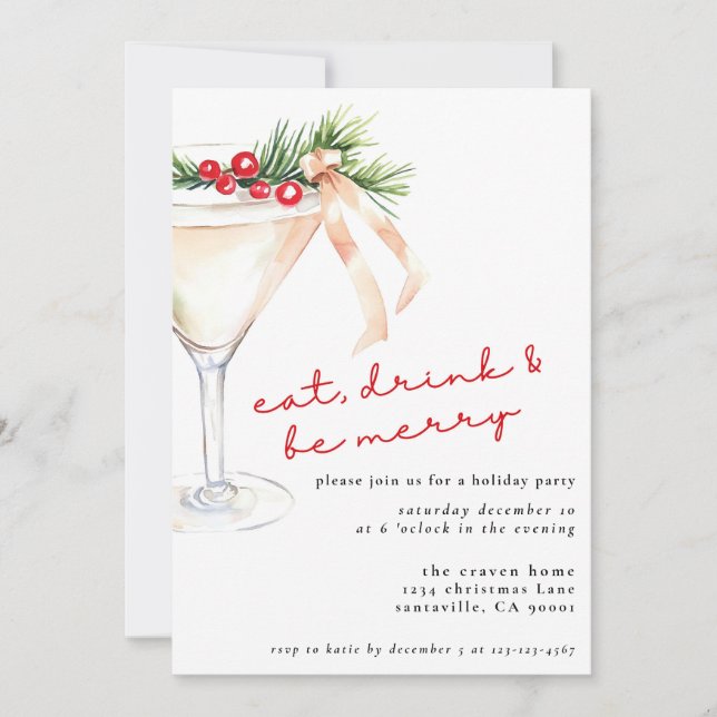 Cartão De Festividades Coma, beba e seja feliz Martini de Natal (Frente)