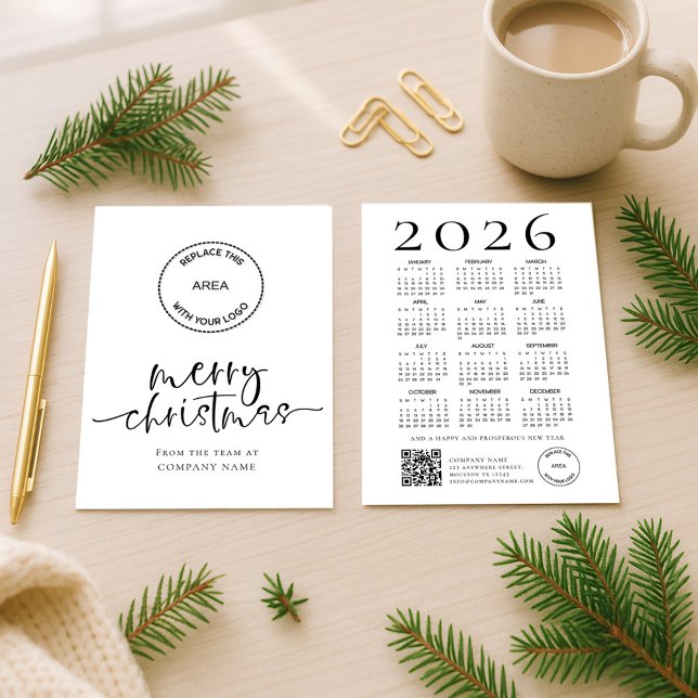 Cartão De Festividades Company Logo 2026 calendar QR code Merry Christmas (Front and back view)