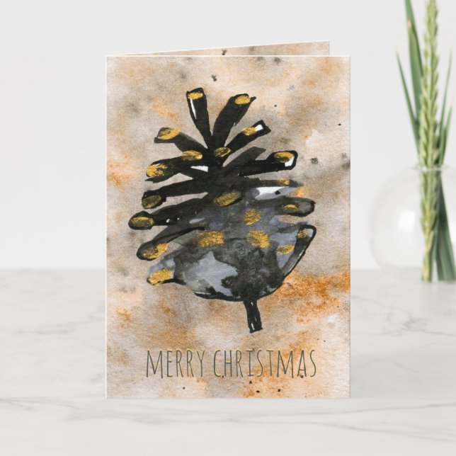 Cartão De Festividades Cone de pinheiro de Natal Preto e Dourado (Frente)