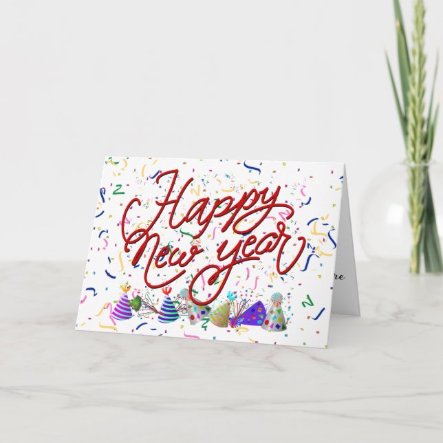 Cartão De Festividades Confetti, Chapéus de Festa, Feliz ano novo (Frente)