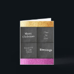 Cartão De Festividades Conselho de giz Dourado e rosa Faux Glitter Natal<br><div class="desc">Um conselho de giz que diz Feliz Natal,  paz,  alegria,  amor,  regozijo e alegria,  bençãos acentuadas por uma fronteira de ouro e brilho falso rosa. Altere a mensagem de dentro como desejado.</div>