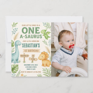 Cartão De Festividades Convidar o Partido Dino Editável com foto