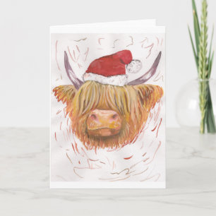 Cartão De Festividades coo Highland Cow do Natal com chapéu de Natal