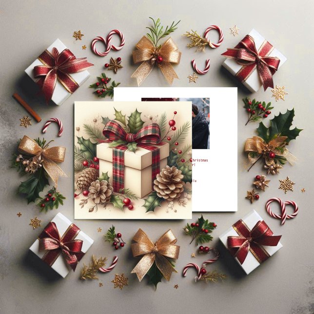 Cartão De Festividades Coquete de Natal Rústico com Laço Xadrez Azevinho  (Criador carregado)