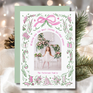 Cartão De Festividades Coquette Christmas Family Photo Pink Green Doodle