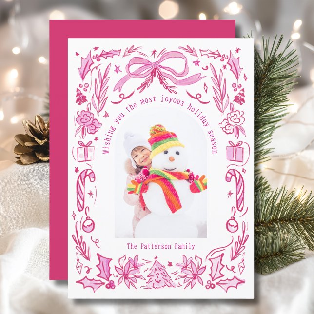 Cartão De Festividades Coquette Christmas Family Photo Red Pink Doodle (Criador carregado)