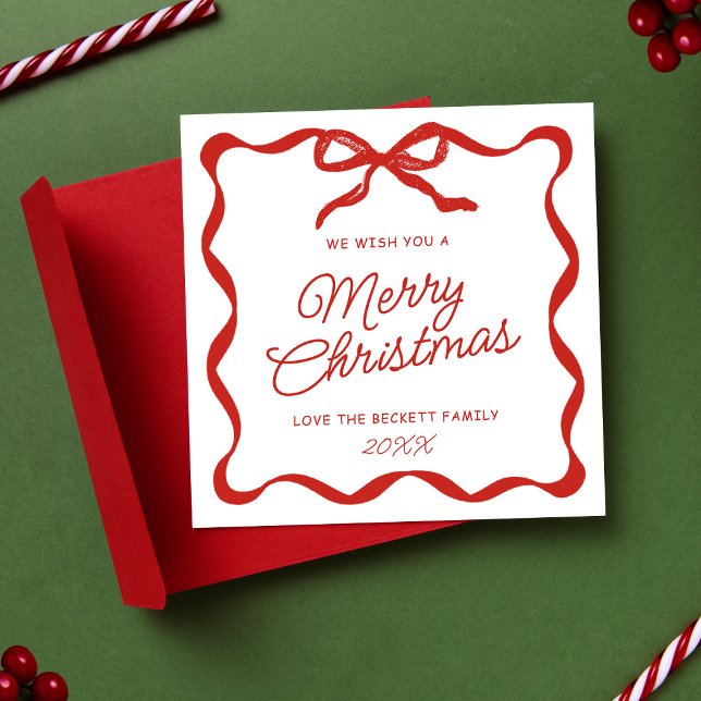 Cartão De Festividades Coquette Curvy Ribbon & Bow Retro Merry Christmas (Criador carregado)