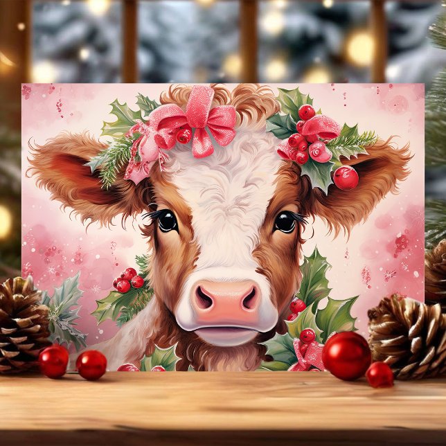 Cartão De Festividades Cor d'água rosa Holly Baby Cow Natal (Criador carregado)