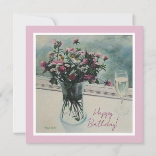 Cartão De Festividades Cor-de-rosa Vintage Flores de aniversário belas pi