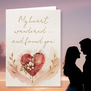 Cartão De Festividades Coração de Aquarela Suave com Flores Quentes e Dou