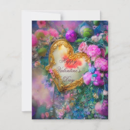 Cartão De Festividades Coração de ouro romântico e flores valentine