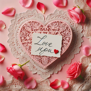 Cartão De Festividades Coração de Renda Rosa Nota de Amor VALENTINE