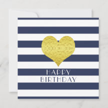 Coração Dourado Listras Azuis Feliz Aniversário