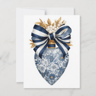 Cartão De Festividades Coração Floral Toile Azul com Laço de Listra Azul 