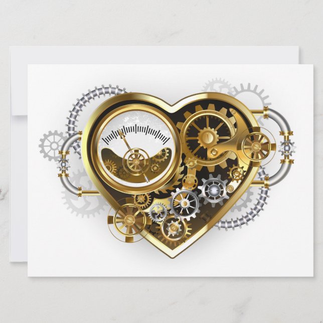 Cartão De Festividades Coração Steampunk com Manômetro (Frente)