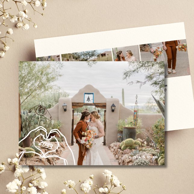 Cartão De Festividades Corações mãos personalizado 5 foto tendência Sem S (Heart Hands Custom 5 Photo Trendy No Last Name Holiday Card)