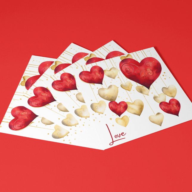 Cartão De Festividades Corações Românticos Vermelhos e Dourados (Romantic red and gold hearts on customizable Valentine's Day cards for your loved ones.)