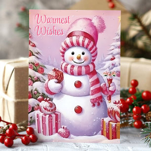 Cartão De Festividades Cordiais Saudações Boneco de Neve Rosa Fofo