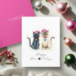 Cartão De Festividades Cores de Natal de Gato de Cama<br><div class="desc">Espalhe as alegrias de Natal com estes cartões de Natal com gatos, apresentando um design de aquarela festivo e engraçado de dois felinos adoráveis — Samantha, o gato preto e Maxwell, o gato siamês — apodreceram em Santa Chapéu e belíssimas bolas de férias. Estes bonitos cartões de Natal de gatos...</div>