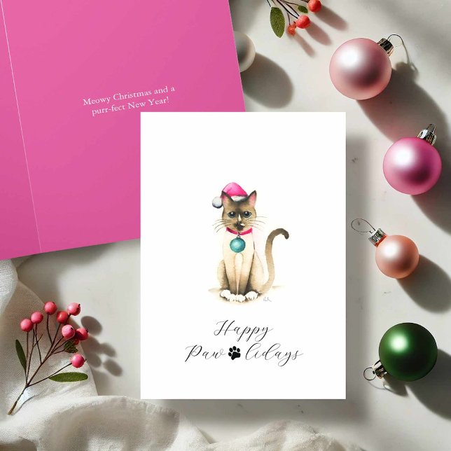 Cartão De Festividades Cores de Natal de Gato Simples (Siamese cat Christmas cards with cute Merry Christmas wishes art and design by Victoria Grigaliunas)