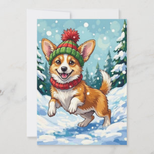 Cartão De Festividades Corgi Alegre Saltando na Neve com Pom Pom