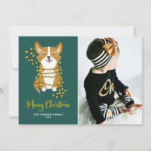 Cartão De Festividades Corgi Bonito em Luzes de Corda Foto Feliz de Natal