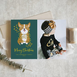 Cartão De Festividades Corgi Bonito em Luzes de Corda Foto Feliz Natal