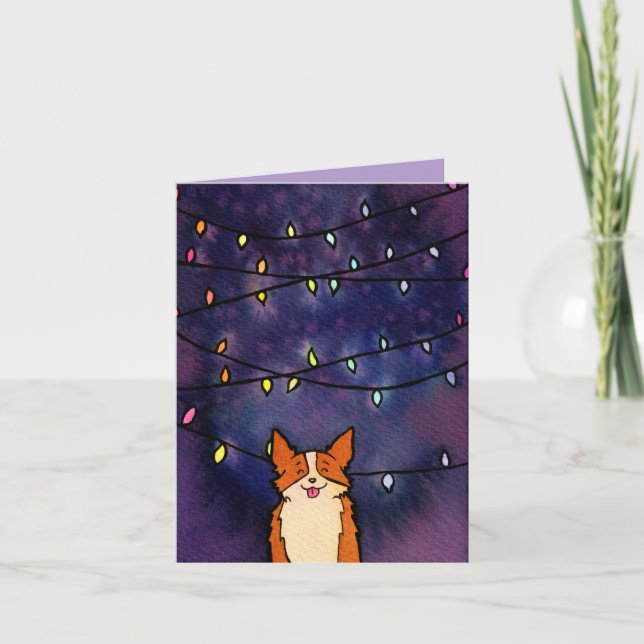 Cartão De Festividades Corgi Fofo Com Luzes Festivas Aquarela (Frente)