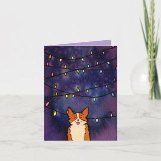 Cartão De Festividades Corgi Fofo Com Luzes Festivas Aquarela