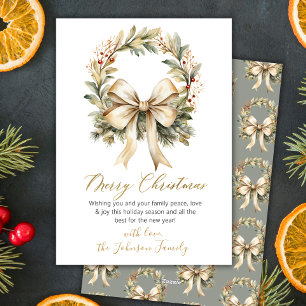 Cartão De Festividades Coroa de Aquarela Elegante com Laço Dourado Feliz 