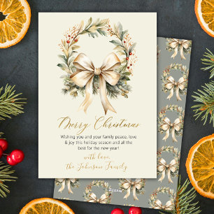 Cartão De Festividades Coroa de Aquarela Elegante com Laço Dourado Feliz 