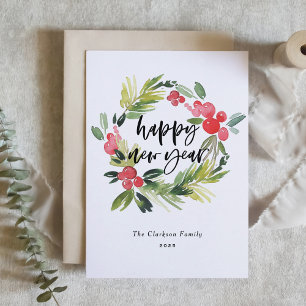 Cartão De Festividades Coroa de Azevinho em Aquarela Caligrafia Feliz Ano