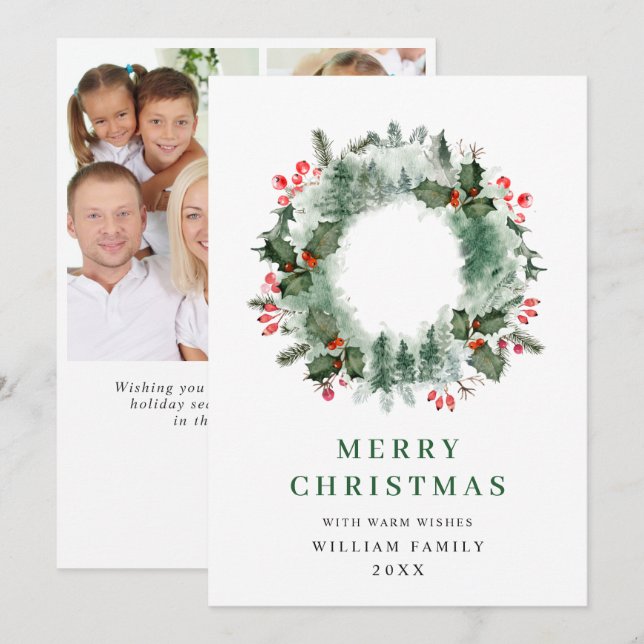 Cartão De Festividades Coroa de Azevinho Natal Presente 3 Foto (Frente/Verso)