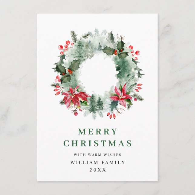 Cartão De Festividades Coroa de Azevinho Natalício Saudação de Natal 3 Fo (Frente)