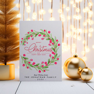 Cartão De Festividades Coroa de Folhagem Botânica em Aquarela