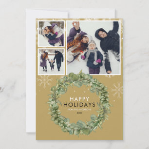 Cartão De Festividades Coroa de folhagem com 3 fotos de Natal em ouro ele