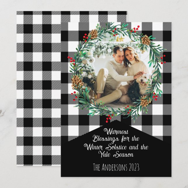 Cartão De Festividades Coroa de Fotos de Xadrez de Búfalo Preto Yule Sols (Frente/Verso)