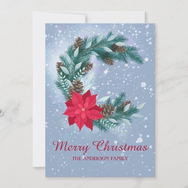 Cartão De Festividades Coroa de inverno, aquarela, poinsettia, cones de p (Frente)